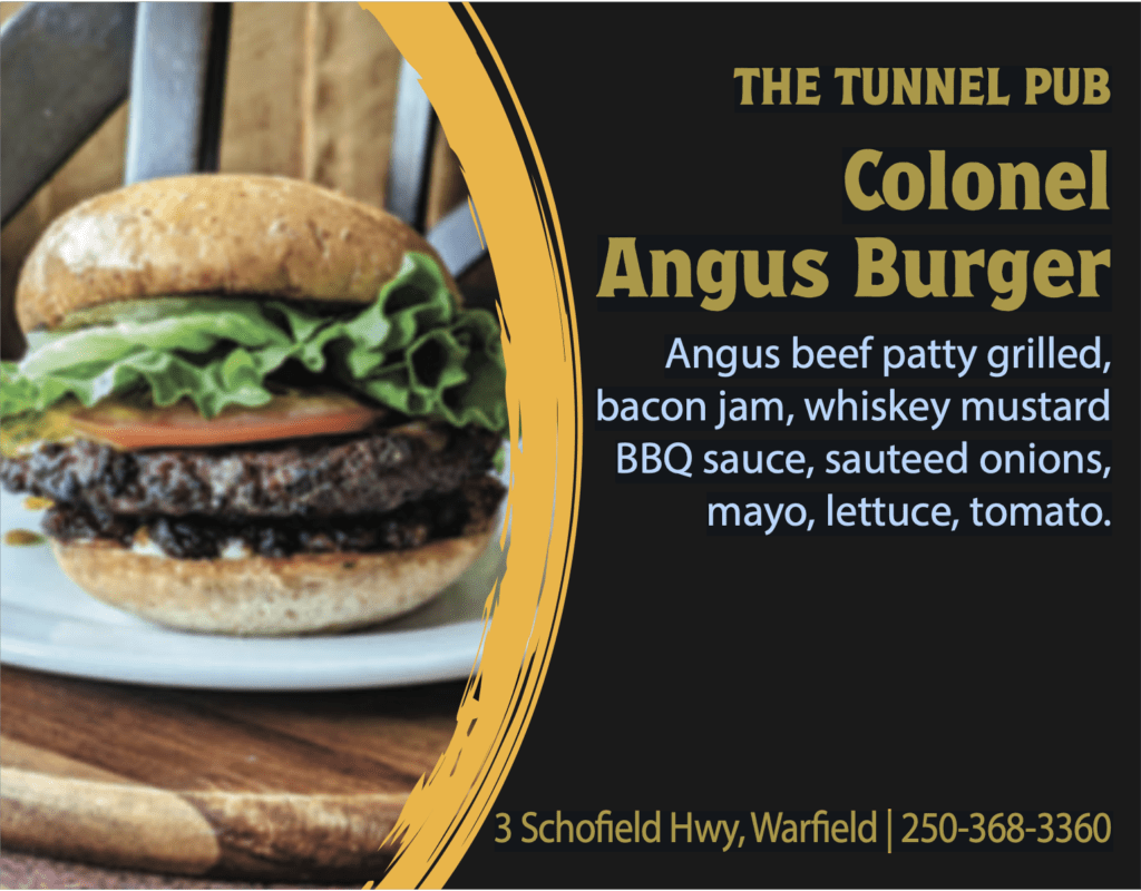 THE TUNNEL PUB Colonel Angus Burger Angus beef patty grilled, bacon jam, whiskey mustard BBQ sauce, sauteed onions, mayo, lettuce, tomato.